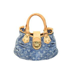 Louis Vuitton Pleaty Handbag Monogram Denim Leather Blue Brown